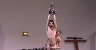 Pale dude with a skinny body is tied up and toyed with