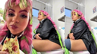 Farting on Toilet After Eating too much on Cosplay Con Mitsuri Cosplay Bloated