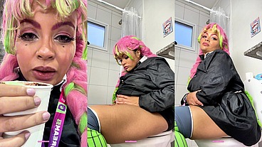 Farting on Toilet After Eating too much on Cosplay Con Mitsuri Cosplay Bloated
