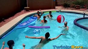 Twinks fool around in the pool before bareback orgy