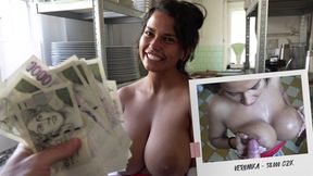 Authentic Czech street beauty sucks cock and shows off big clit in public kitchen