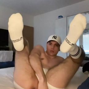 Horny Twink Plays with His Pussy and Cums in White Socks