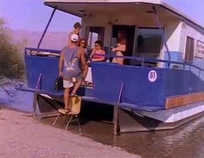 Hot ginger girl participates in dramatic action on the boat