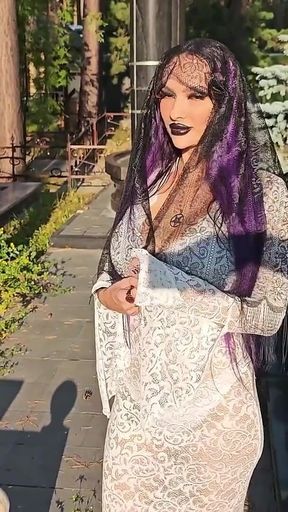 Gothic Witch Wanders the Cemetery, Performs Black Magic Rituals, and Makes You to Worship Her and Satan.