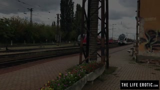 Tall skinny girl almost caught masturbating in public at a train station
