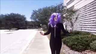 Sissy Crossdresser Wears Vinyl Catsuit In Public