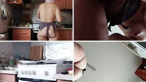 Brunette hairy pussy prepares breakfast naked in the kitchen. Sexy mom cleans the house naked.