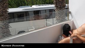 Oral Sex on the Terrace makes him cum in her Mouth while people walking by, not recognizing he just Orgasm