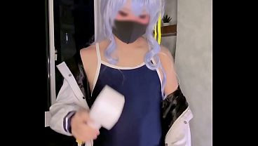femboy suisei cosplayer in school swimsuit uses automated stroker and cums