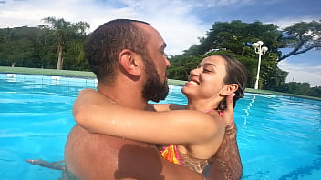 Hot kissing the little bitch in the pool before some wet sex