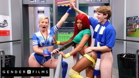 Security Guards Lola Morena &amp; Adira Allure Ride Fan Dick at Soccer Game