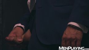 Suited Hector de Silva and Josh Milk use gloryhole for breeding