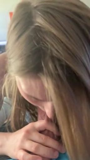 Pretty young babe blows giant cock to perfection