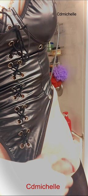 Cdmichelle Wearing Black Bodysuit Putting on White Dress