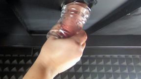 Massaging clients cock with a fuck sleeve (milking table) Loud stroking sounds with lots of cum