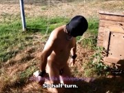 VOST engl - Test bastinado carcan dans le jardin pour cet être inférieur nu et chaste.