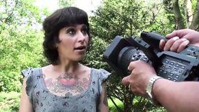 Huge tattooed girl threesome pussy fucking in the park cum in mouth