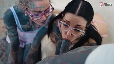 ALT tattoo ANAL threesome with GAPES, fisting, gagging on cock and cum on glasses