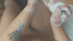 Soaping up your hard cock , jerking it and rubbing your balls then rubbing it on my pussy lips and ass crack