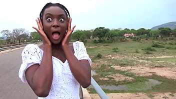 Ebony girlfriend deepthroats my big ivory cock in a safari camper van