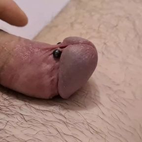 Pierced cock gets jerked off with double cum shot