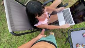 Gamer-girl cosplay babe gets fucked, gagged, and drinks piss outside