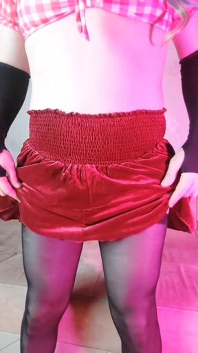 Pretty Femboy in Tights Cute Skirt Red Ambiance