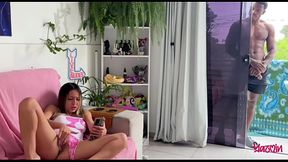 Asian MILF's big cock surprise in sheer and red lingerie