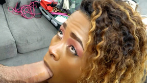 Curly ebony teen deepthroat & hardcore sex on fake casting with stud guy