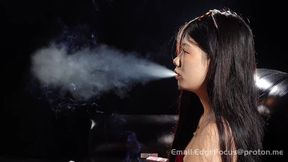Asian Beauty Deep Inhales Cigarette Smoke and Blows Thick Clouds in Red Velvet Dress 4K