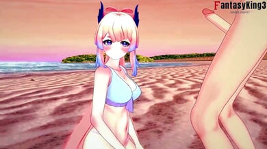 Blonde anime girl in blue bikini enjoys passionate beach sex under the sunset