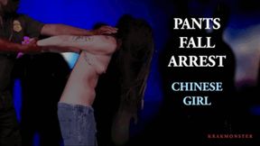 PANTS FALL ARREST : ASIAN SPA RAID : long haired Chinese woman arrested TOPLESS as pants fall down eXposing hairy bush , butt crack & pierced nipples outdoors in rain + TV NEWS REPORT footage 4K HD mp4