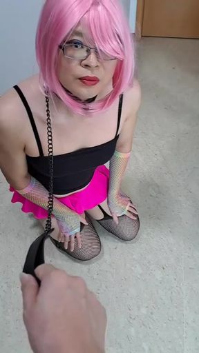 Leashed Asian Sissy Sucks Cock