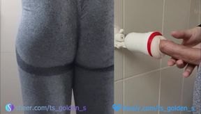 Fake pussy drenched squirting cumshot while shemale legs shiver in leggings