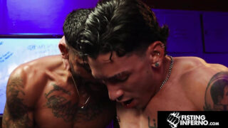 Siren Santiago with huge cock barebacks and fists Andre Bedford in intense pounding