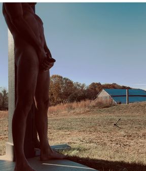 Jerking off with cum outside on back patio very risky homes behind and construction workers next door