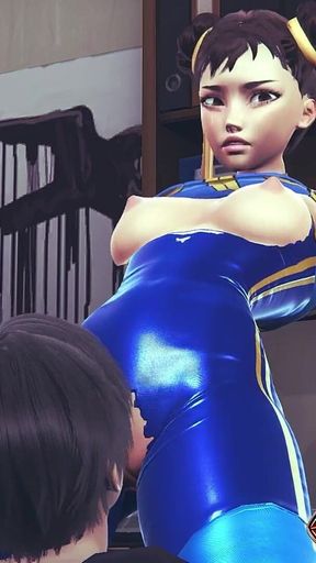 Chun Li Street Fighter 6 - Sexy Cosplay Anime Girl in Blue Latex Costume Gets Her Pussy Licked Through Tight Pants with Orgasm
