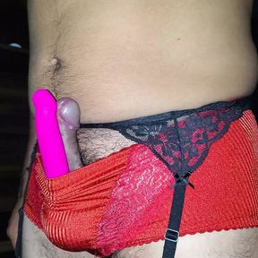 Super Shinny Red Nylon Control Panties, Nice Cumshot