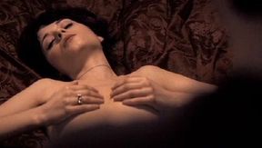 Zooey Deschanel squeezes her nice boobies doing nude bed scene