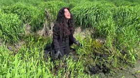 Lia got stuck in muddy swamp, wetlook, girl stuck in mud, girl sinking in swamp, boots in mud, messy girl, girl got stuck in swamp fully clothes