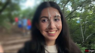 Amateur brunette girlfriend gives a handjob and blowjob in public