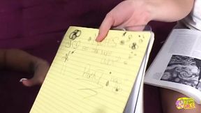 Dirty brunette lesbian corrupts studious pal with giant knockers and gigantic hooters