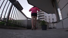 Cheap sissy Whore CD out on the balcony almost gets caught