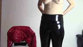 My MILF wife in shiny PVC jacket POV sex