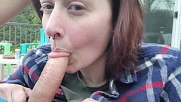 Belle blows me on the front porch