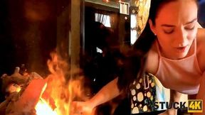 STUCK4K Frozen girl tries to warm up and sex by fireplace really helps