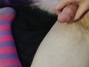 Horny slut in knee highs with a plug tail cums closeup