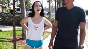 ”Petite brunette teen rides a huge dick outdoors”