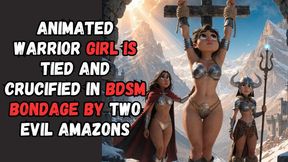 Curvy animated warrior knight woman is crucified and hangs in BDSM bondage for your pleasure