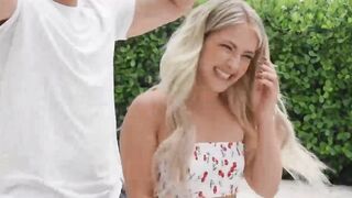 Tiny blonde Emma Bugg moans while dominant hung stud fucks her outdoor